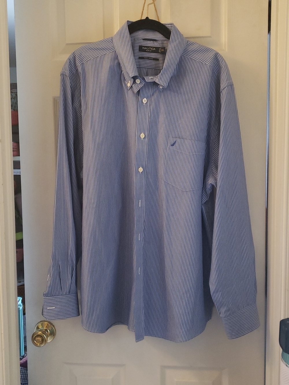 Nautica Men’s Blue and White Pinstripe Button-Down Shirt